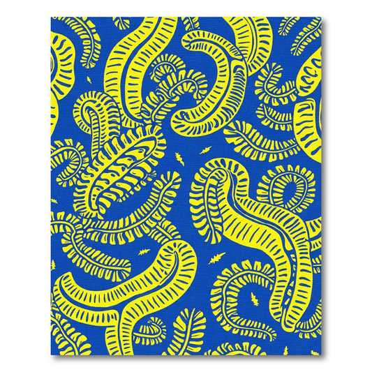 Bold Yellow Curvy Ferns Blue Rug