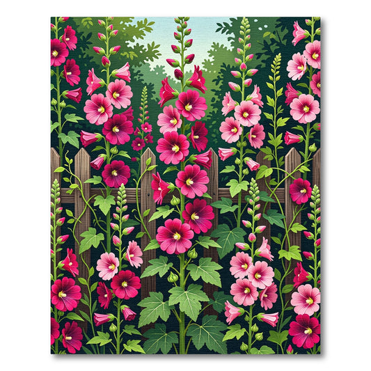 Pink Hollyhock Garden Fence Floral Rug
