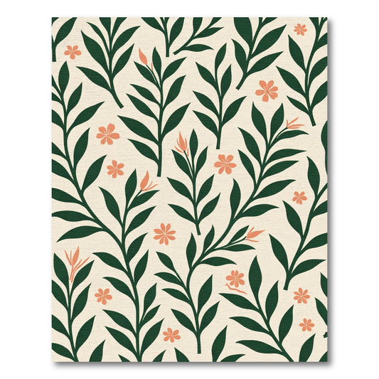 Dark Green Leaf Coral Flower Meadow Rug