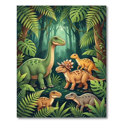 Whimsical Dinosaur Jungle Forest Scene Rug