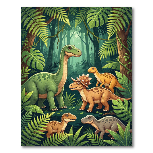 Whimsical Dinosaur Jungle Forest Scene Rug