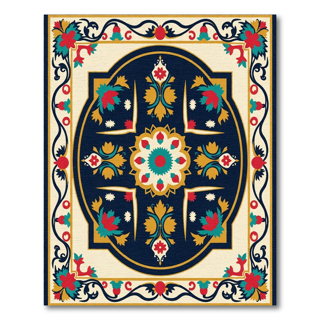 Crimson Teal Golden Floral Medallion Rug