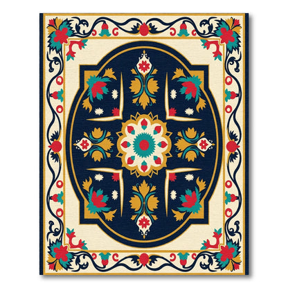 Crimson Teal Golden Floral Medallion Rug