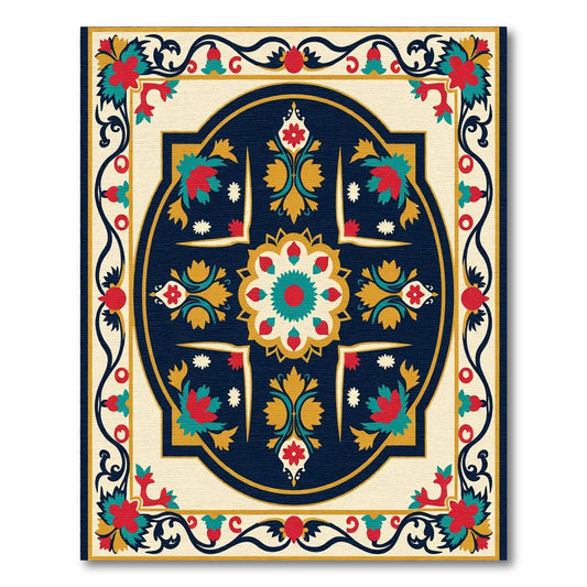 Crimson Teal Golden Floral Medallion Rug