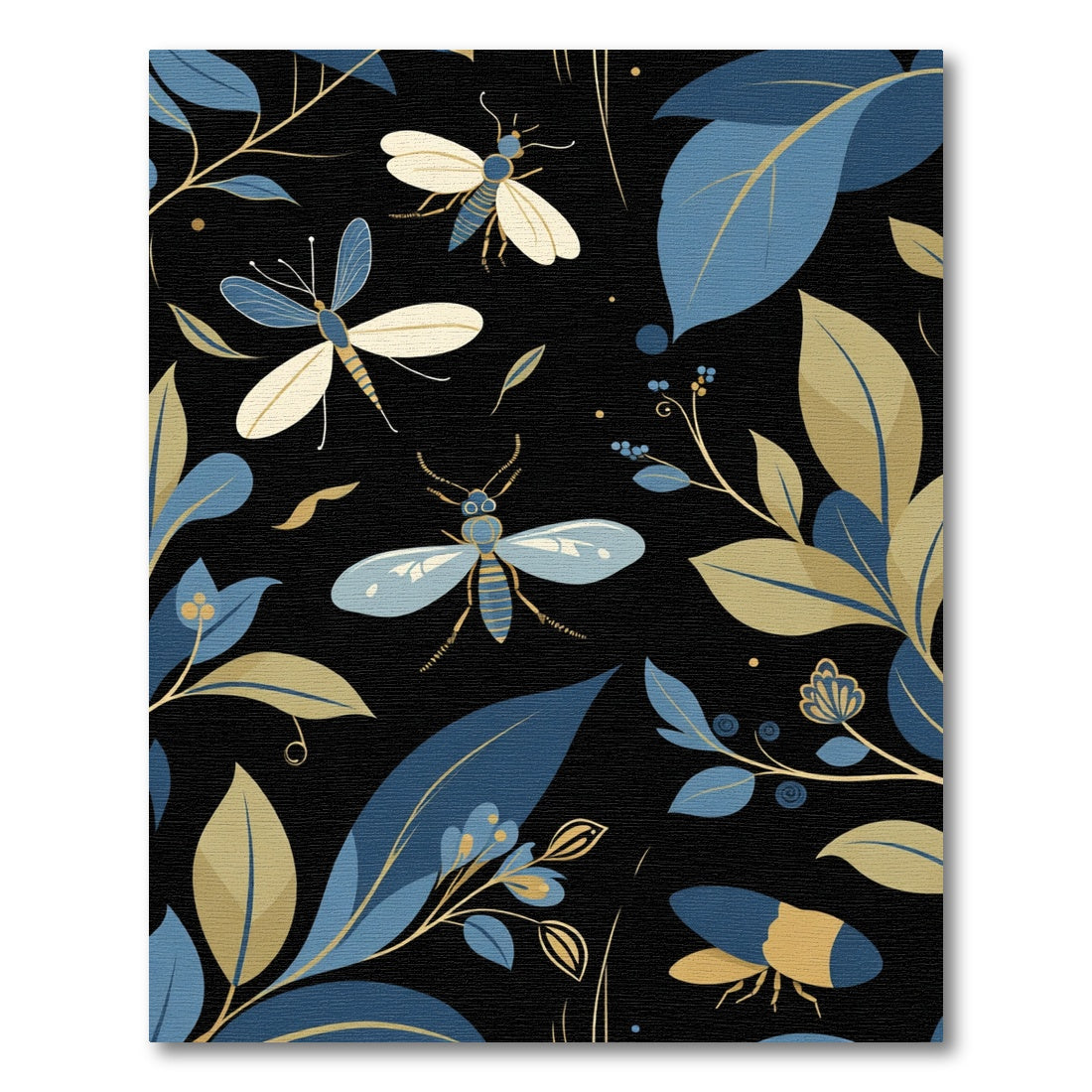 Midnight Forest Insects Blue Gold Rug