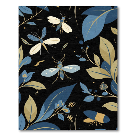 Midnight Forest Insects Blue Gold Rug