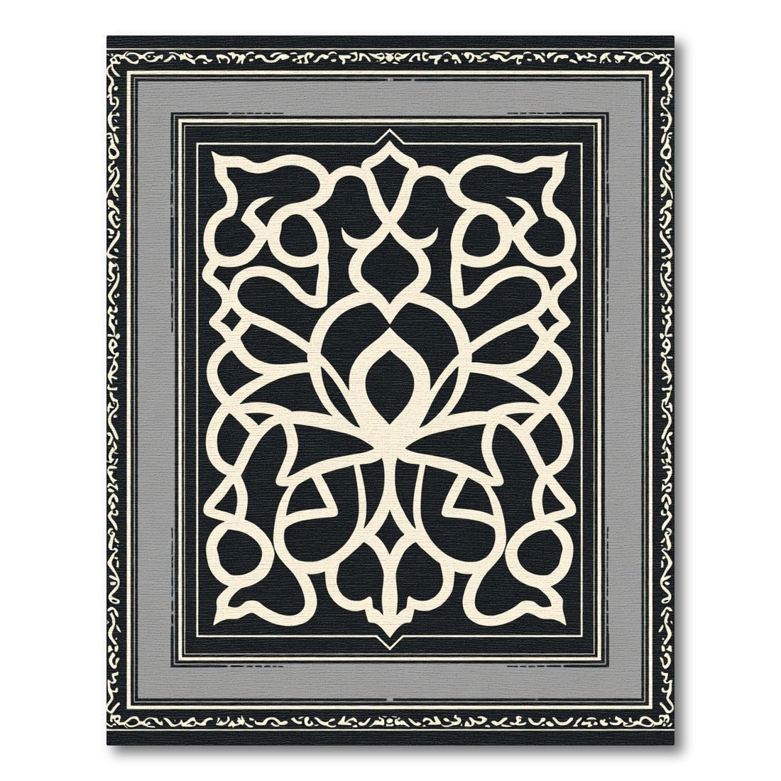 Monochromatic Black Cream Floral Lattice Rug