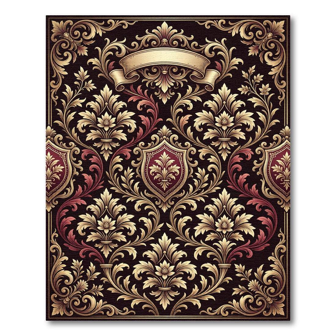 Onyx Crimson Floral Crest Scroll Rug