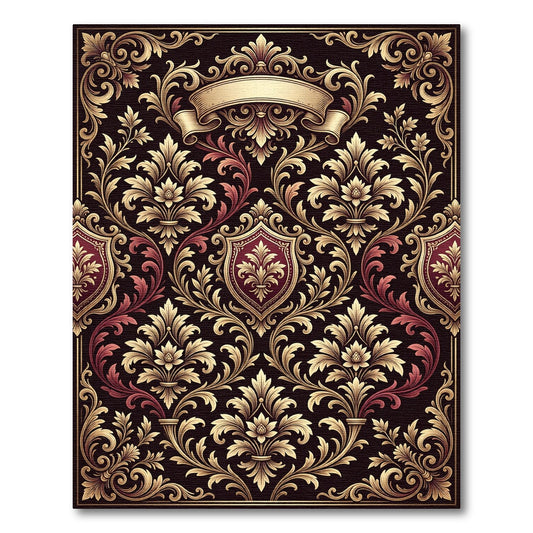 Onyx Crimson Floral Crest Scroll Rug