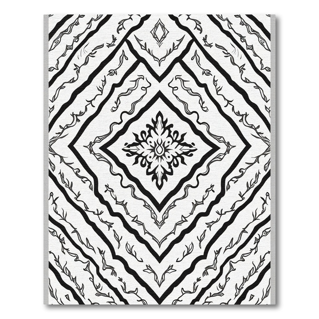 Black White Scroll Medallion Overlay Rug