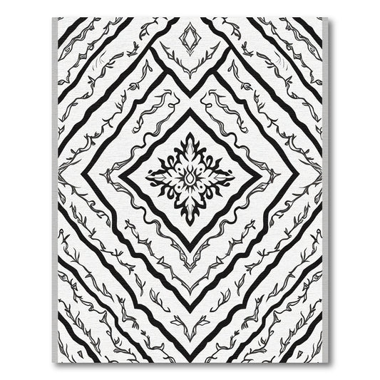 Black White Scroll Medallion Overlay Rug