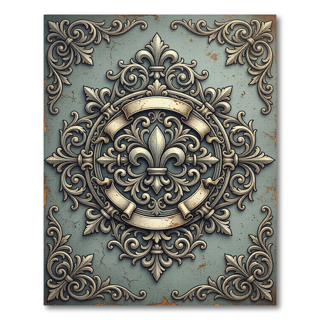 Ornate Fleur de Lis Scrollwork Emblem Rug