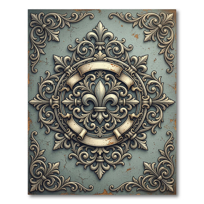 Ornate Fleur de Lis Scrollwork Emblem Rug