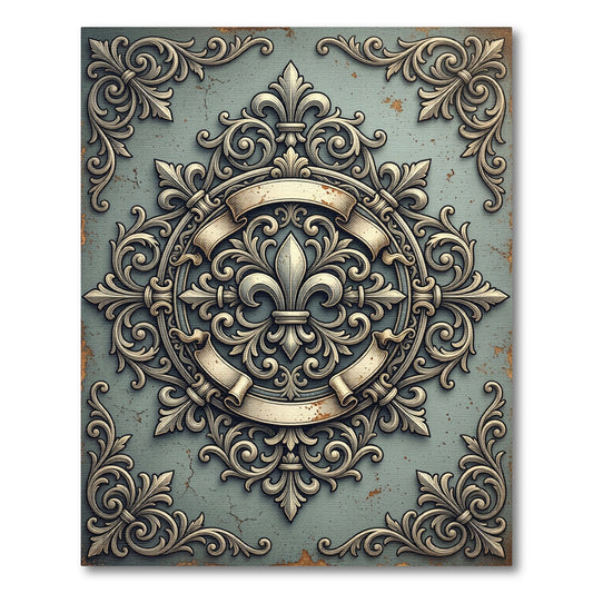Ornate Fleur de Lis Scrollwork Emblem Rug