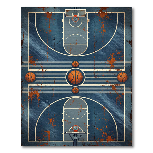 Distressed Blue Court Basketball Graphic Rug