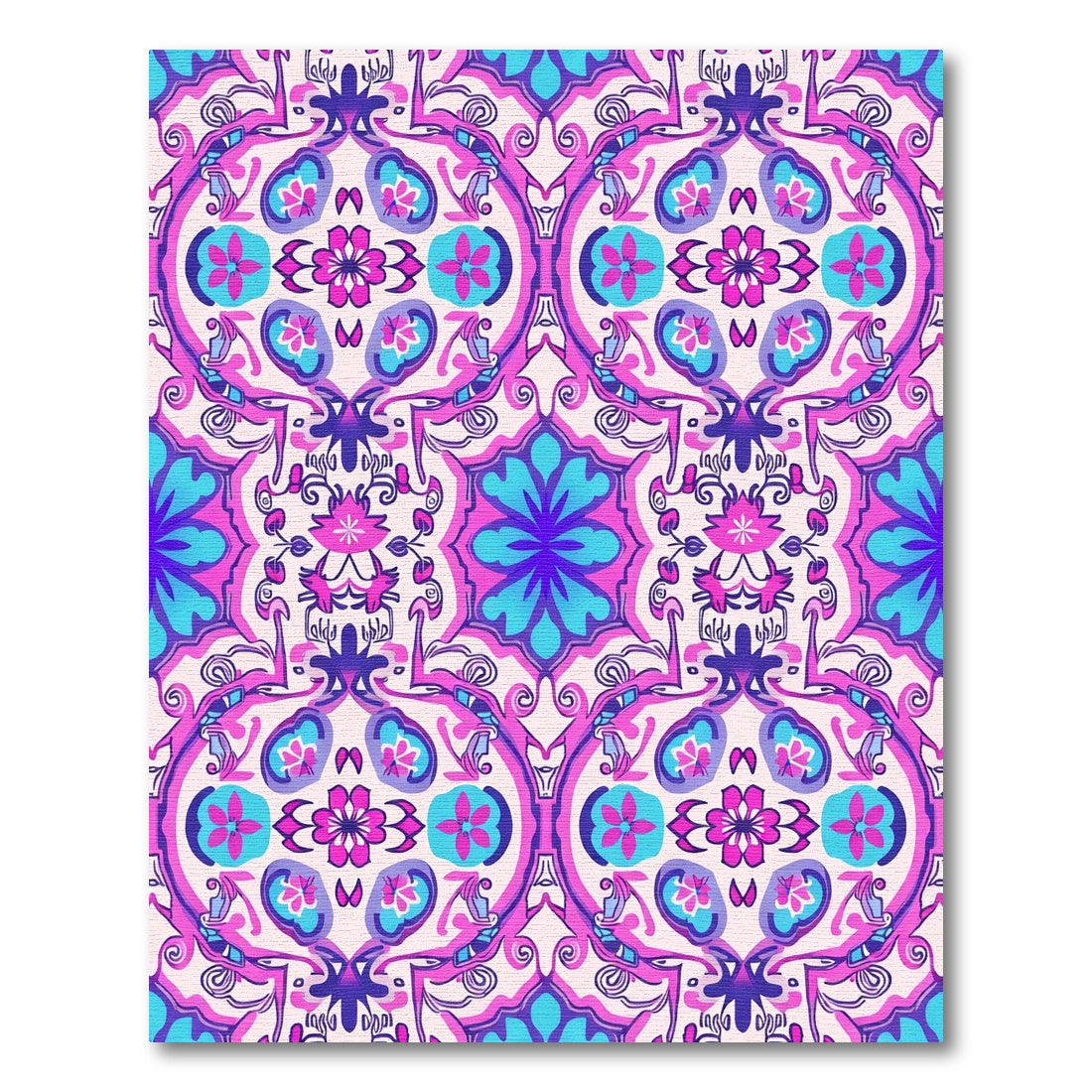 Vibrant Pink Blue Floral Medallion Composition Rug