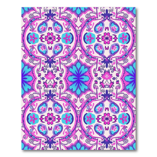 Vibrant Pink Blue Floral Medallion Composition Rug