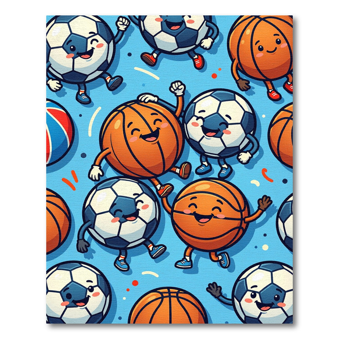 Playful Cartoon Soccer Basketball Dancing Rug