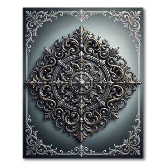 Ornate Silver Gold Filigree Medallion Rug