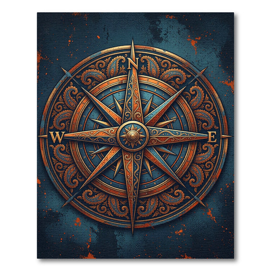 Ornate Blue Orange Compass Rose Rug