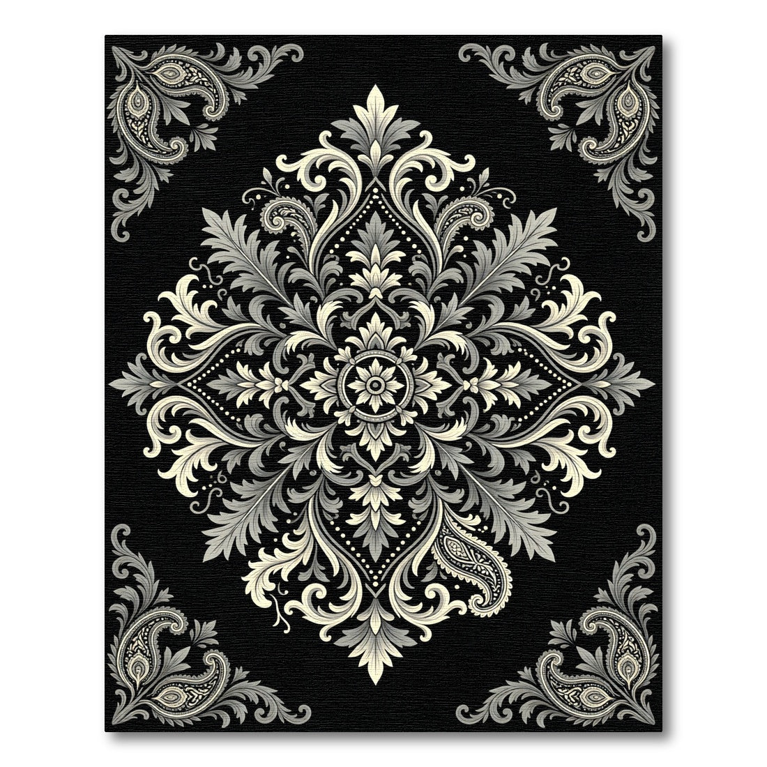Elegant Monochrome Baroque Scroll Medallion Rug