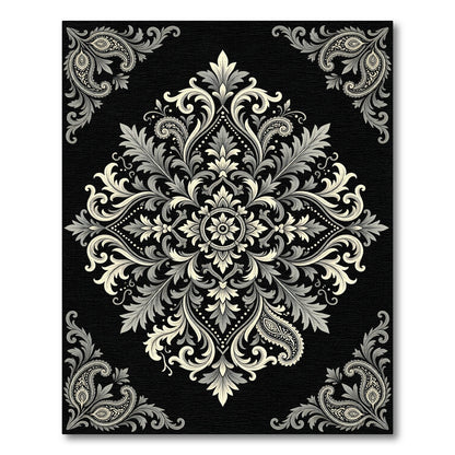 Elegant Monochrome Baroque Scroll Medallion Rug