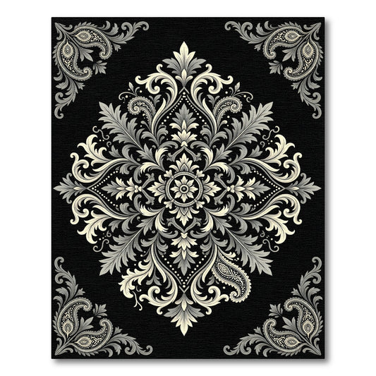 Elegant Monochrome Baroque Scroll Medallion Rug