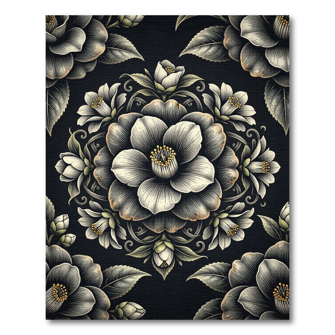 Ornate Black White Floral Medallion Rug