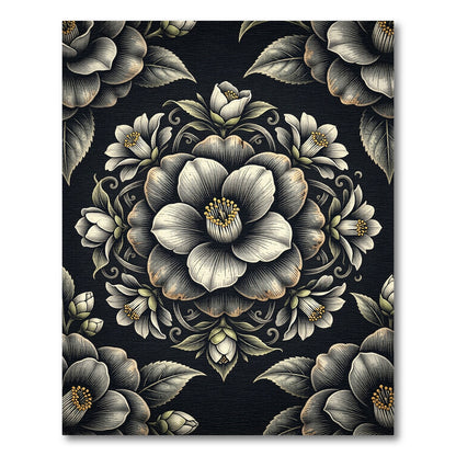 Ornate Black White Floral Medallion Rug