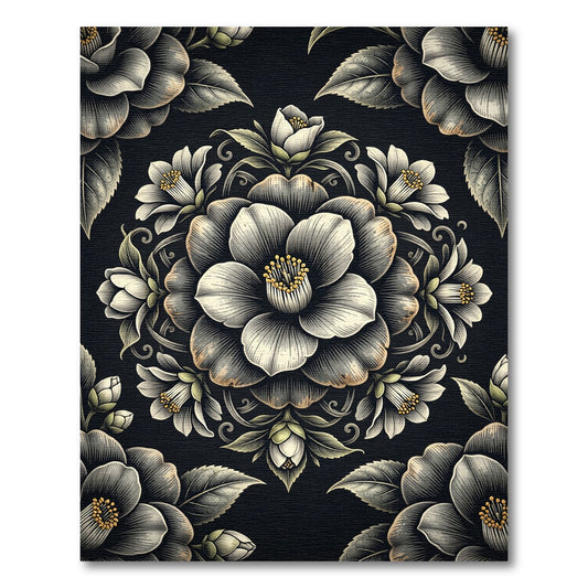 Ornate Black White Floral Medallion Rug