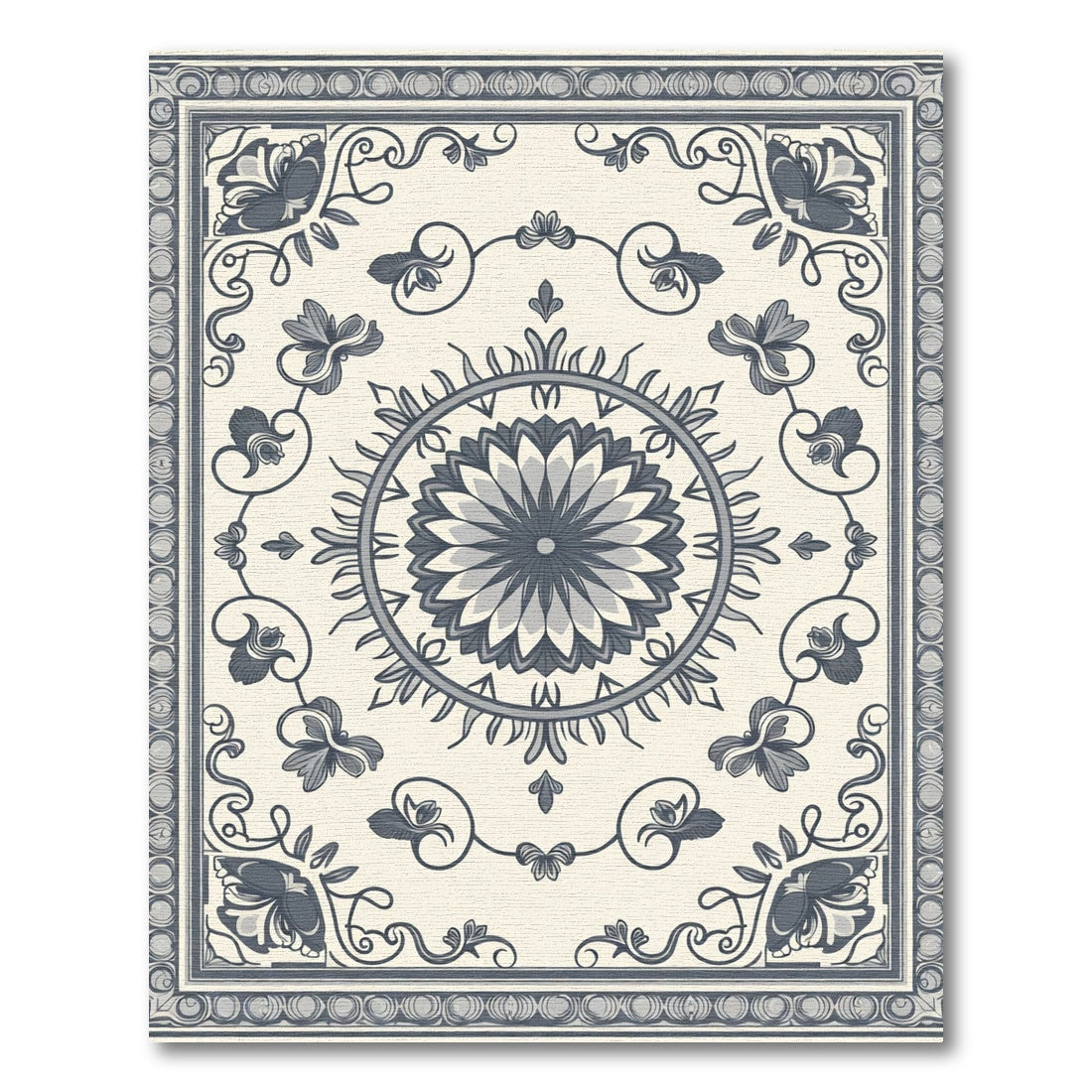 Ivory Navy Floral Medallion Border Rug