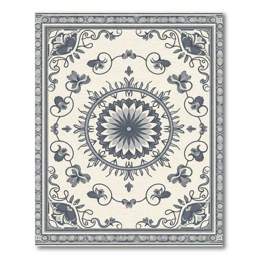 Ivory Navy Floral Medallion Border Rug