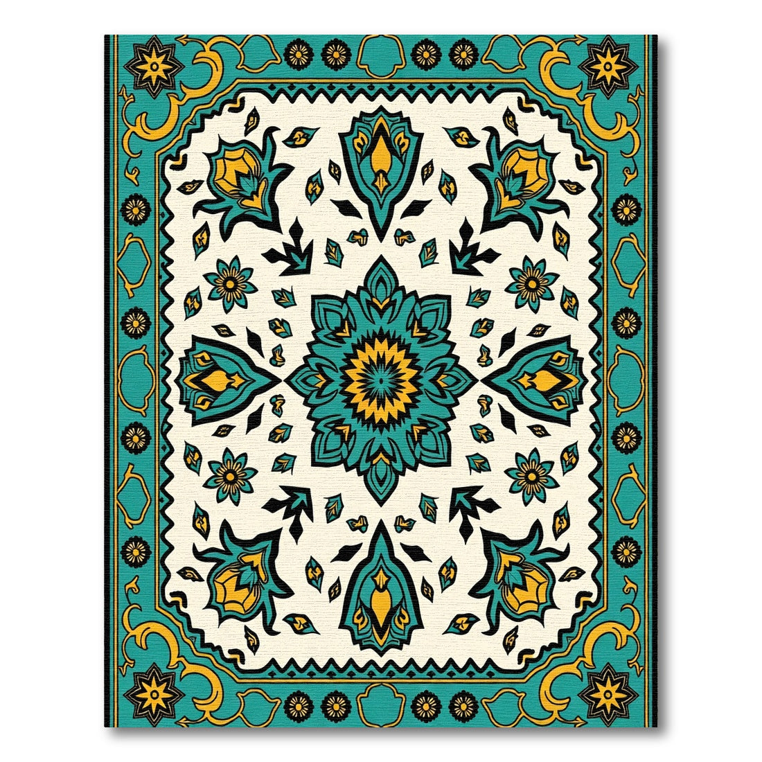 Teal Yellow Floral Medallion Border Rug