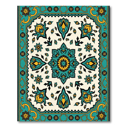 Teal Yellow Floral Medallion Border Rug