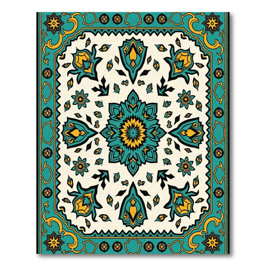 Teal Yellow Floral Medallion Border Rug