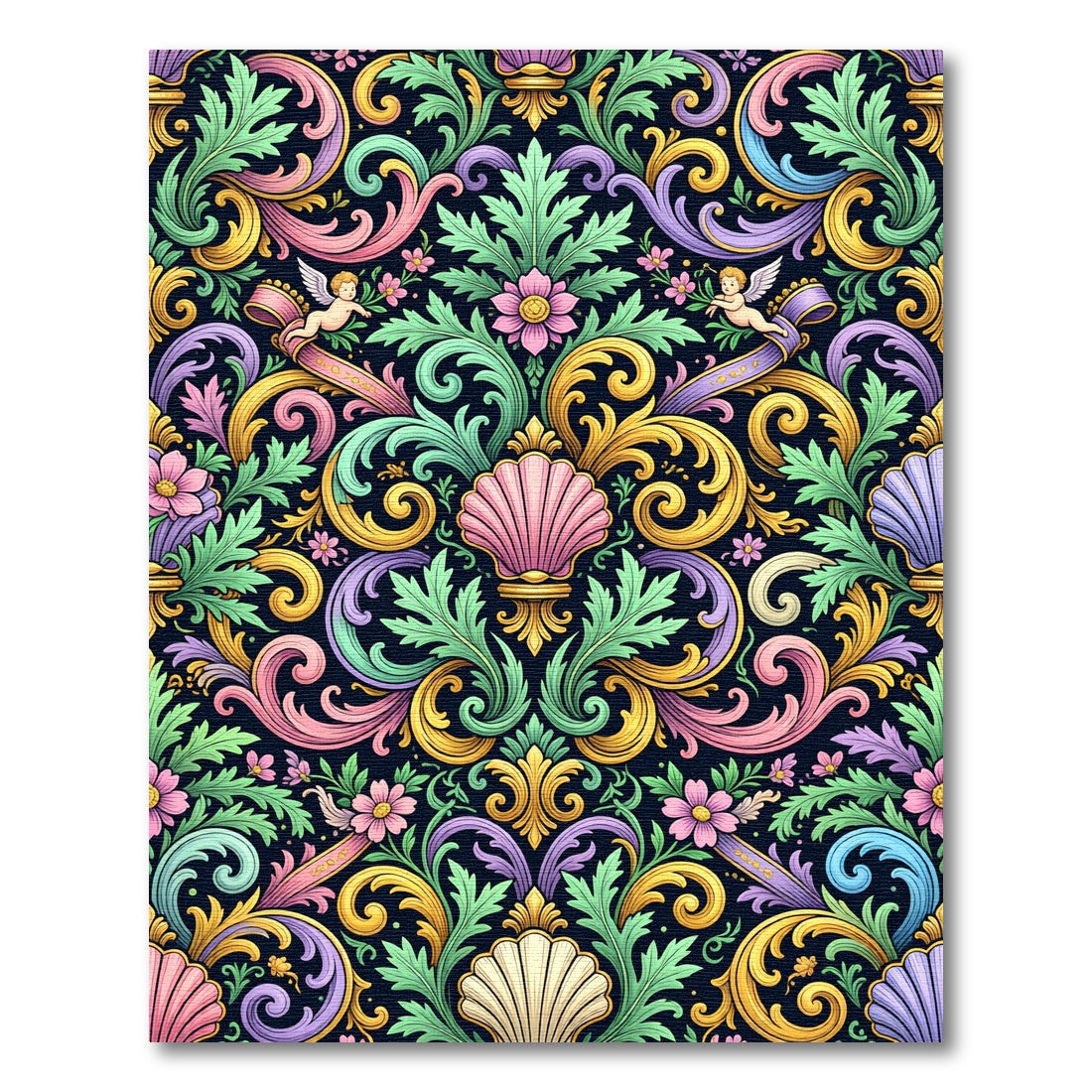 Ornate Pastel Baroque Shell Scroll Rug