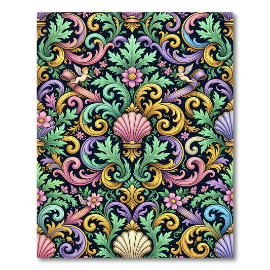 Ornate Pastel Baroque Shell Scroll Rug