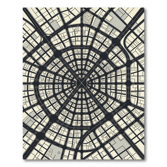 Modern Circular Monochrome Geometric City Map Rug