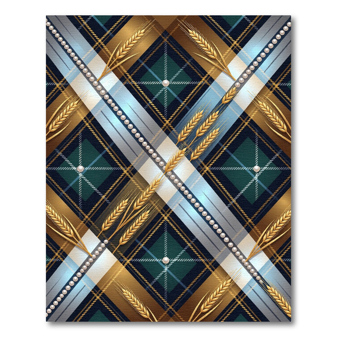 Gold Wheat Blue Plaid Pearl Border Rug