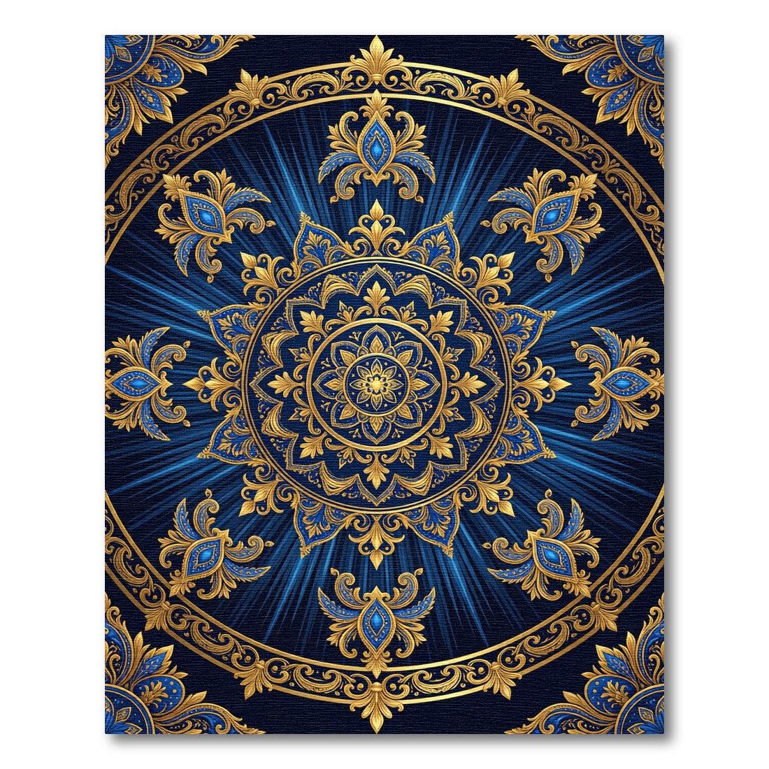 Ornate Navy Blue Golden Filigree Medallion Rug