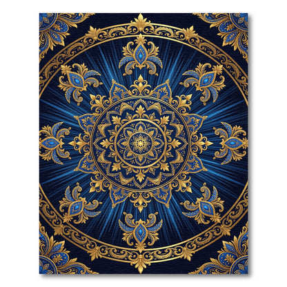 Ornate Navy Blue Golden Filigree Medallion Rug