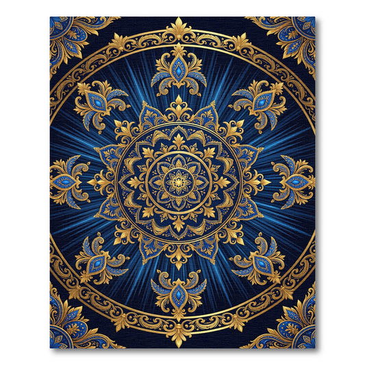 Ornate Navy Blue Golden Filigree Medallion Rug