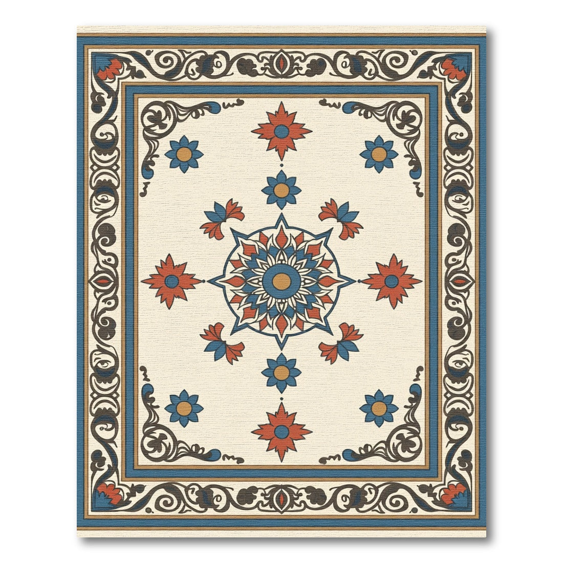 Crimson Blue Floral Geometric Medallion Rug