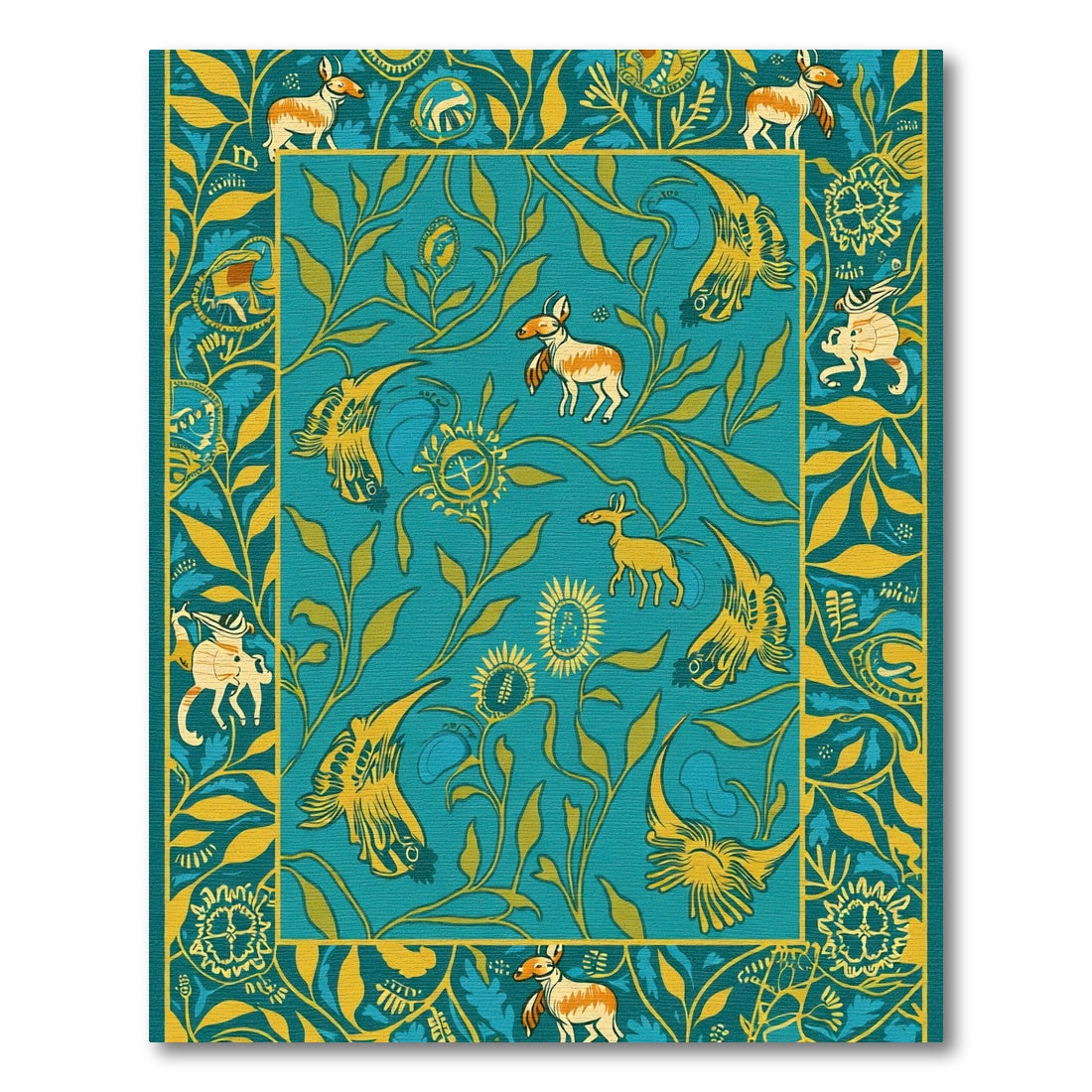 Teal Gold Woodland Creatures Garden Rug