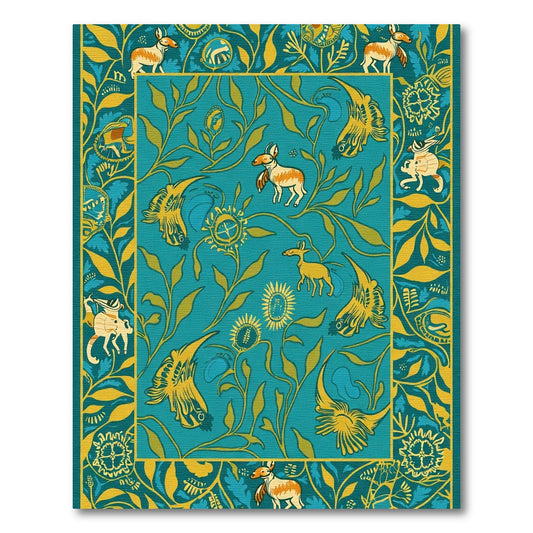 Teal Gold Woodland Creatures Garden Rug