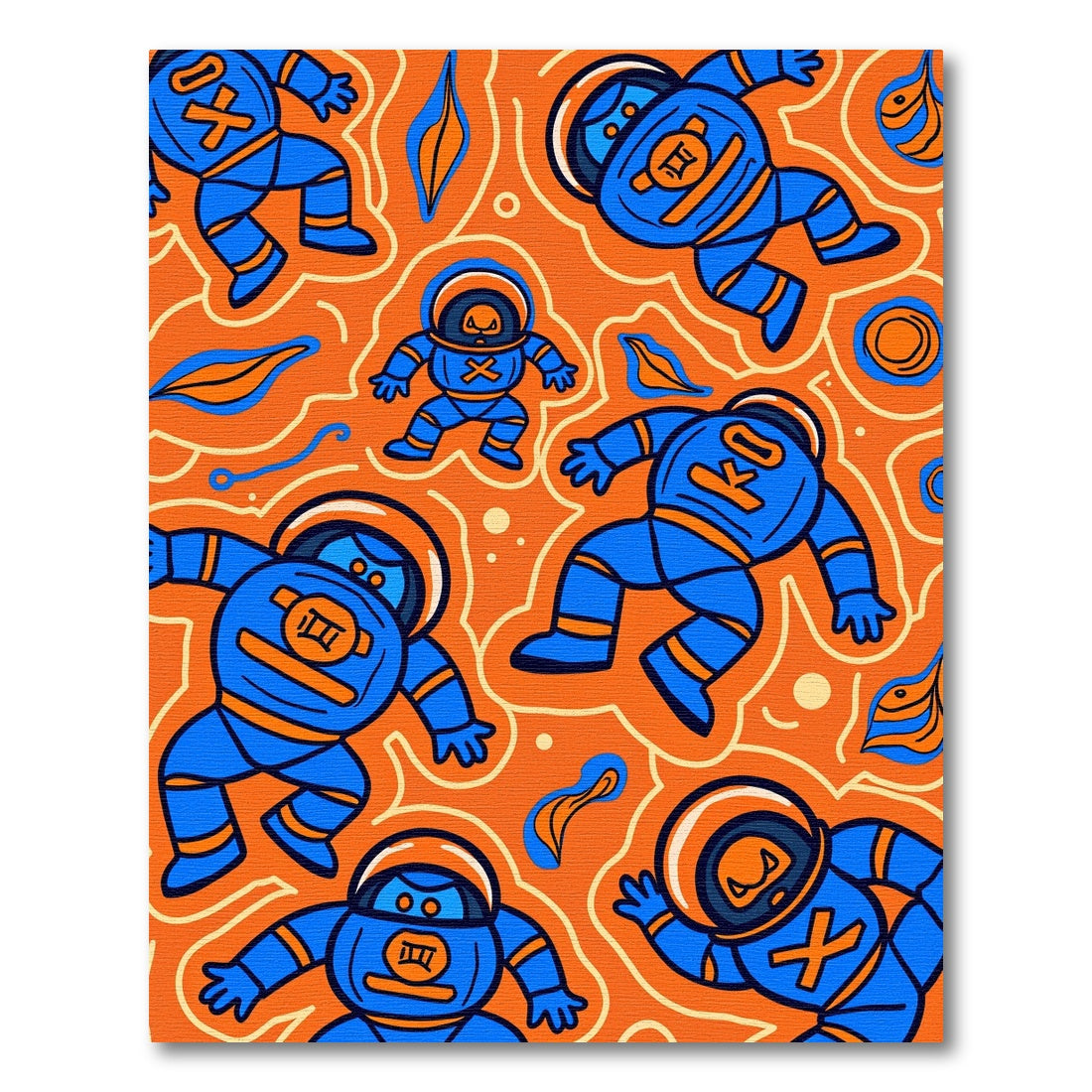 Playful Blue Astronauts Vibrant Orange Rug