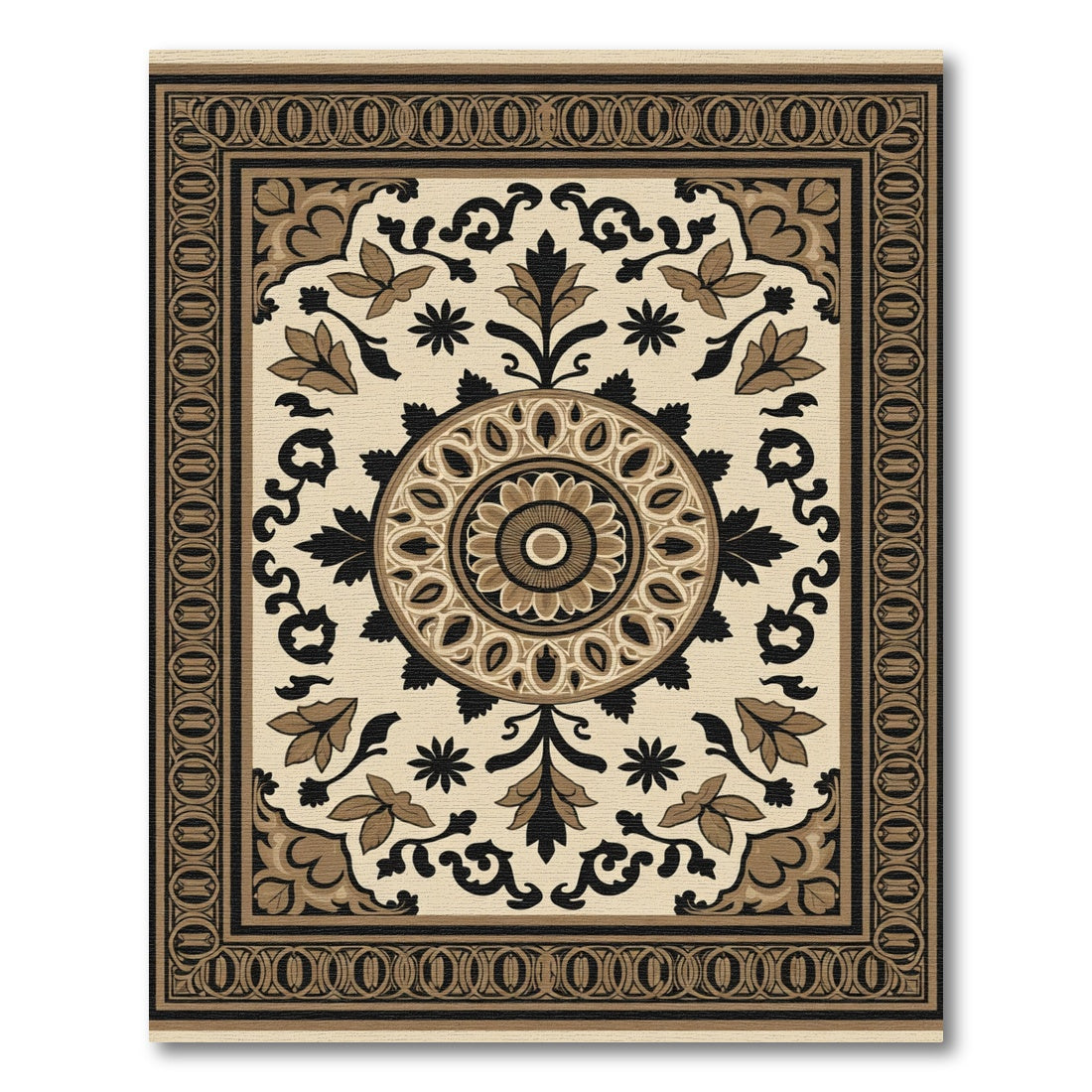 Ornate Tan Floral Medallion Border Rug