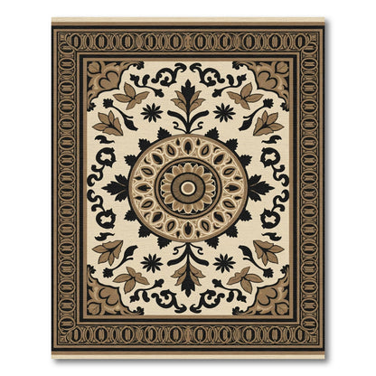 Ornate Tan Floral Medallion Border Rug