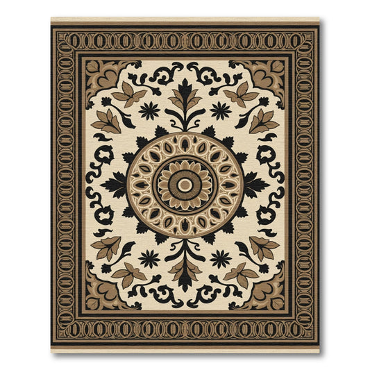 Ornate Tan Floral Medallion Border Rug