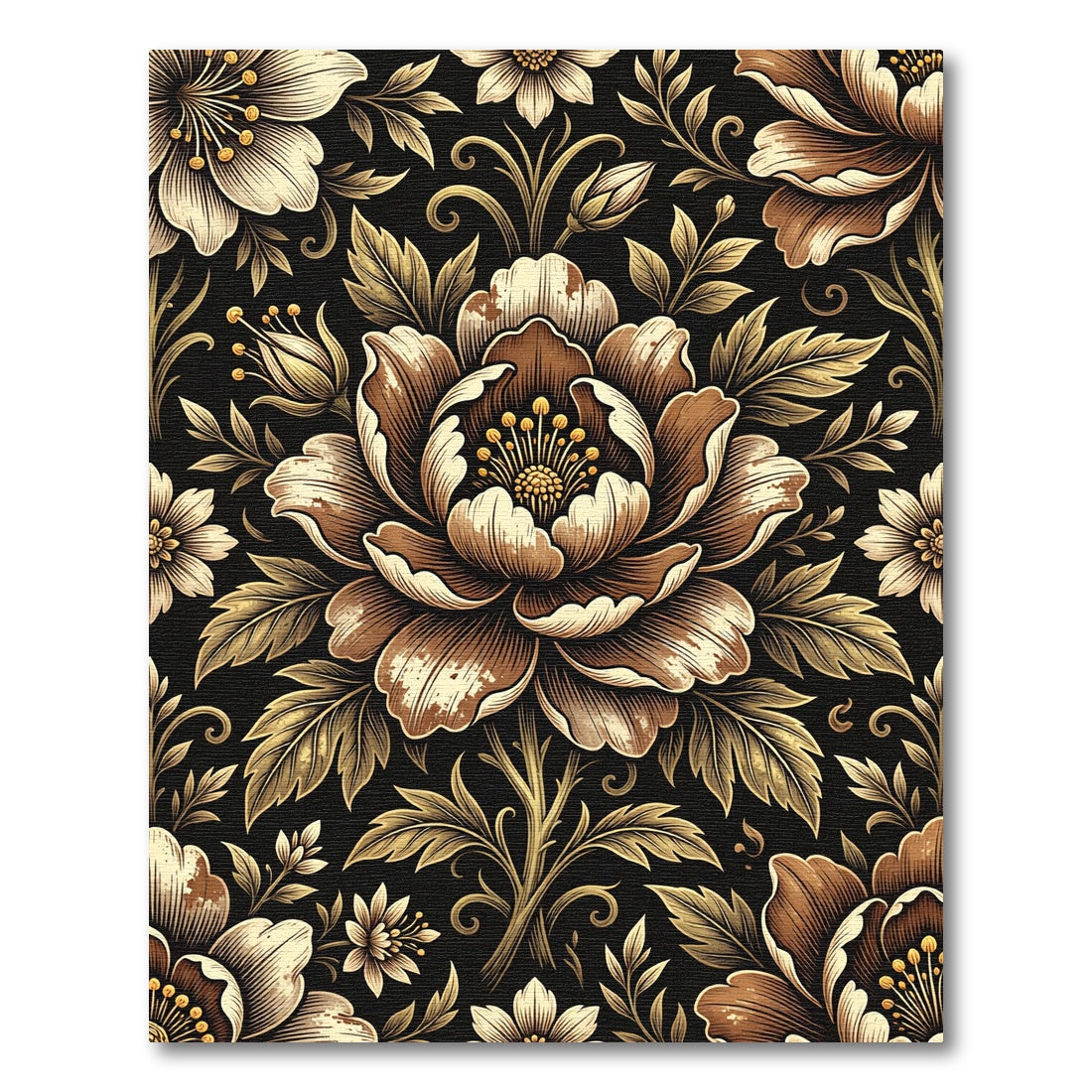 Ornate Golden Floral Black Background Rug